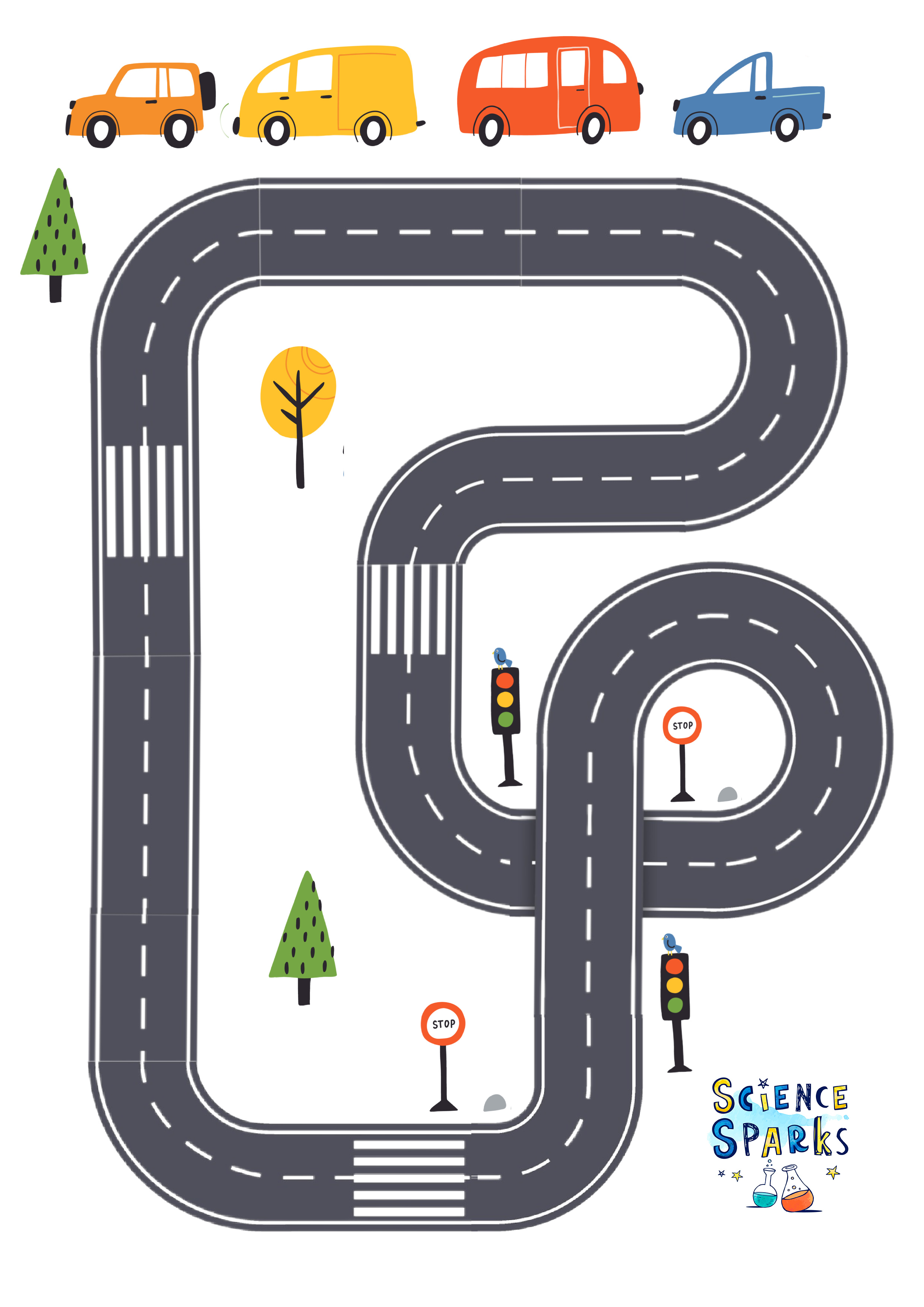 road track with small car images for a magnet activity for kids