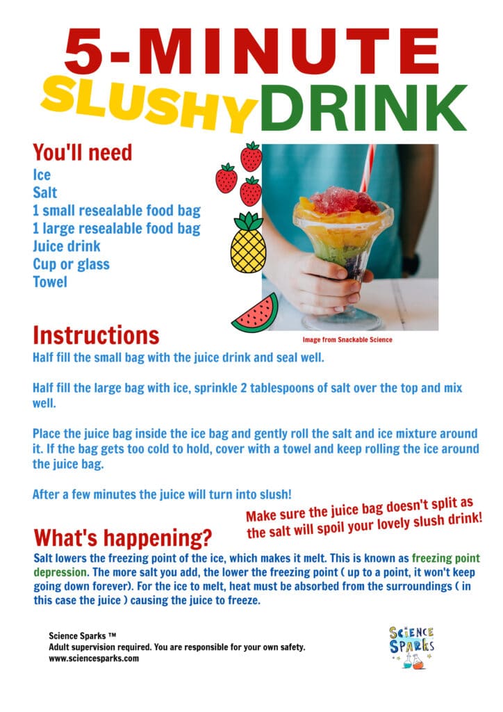 instructions for making a 5 minute slushy drink using ice and salt