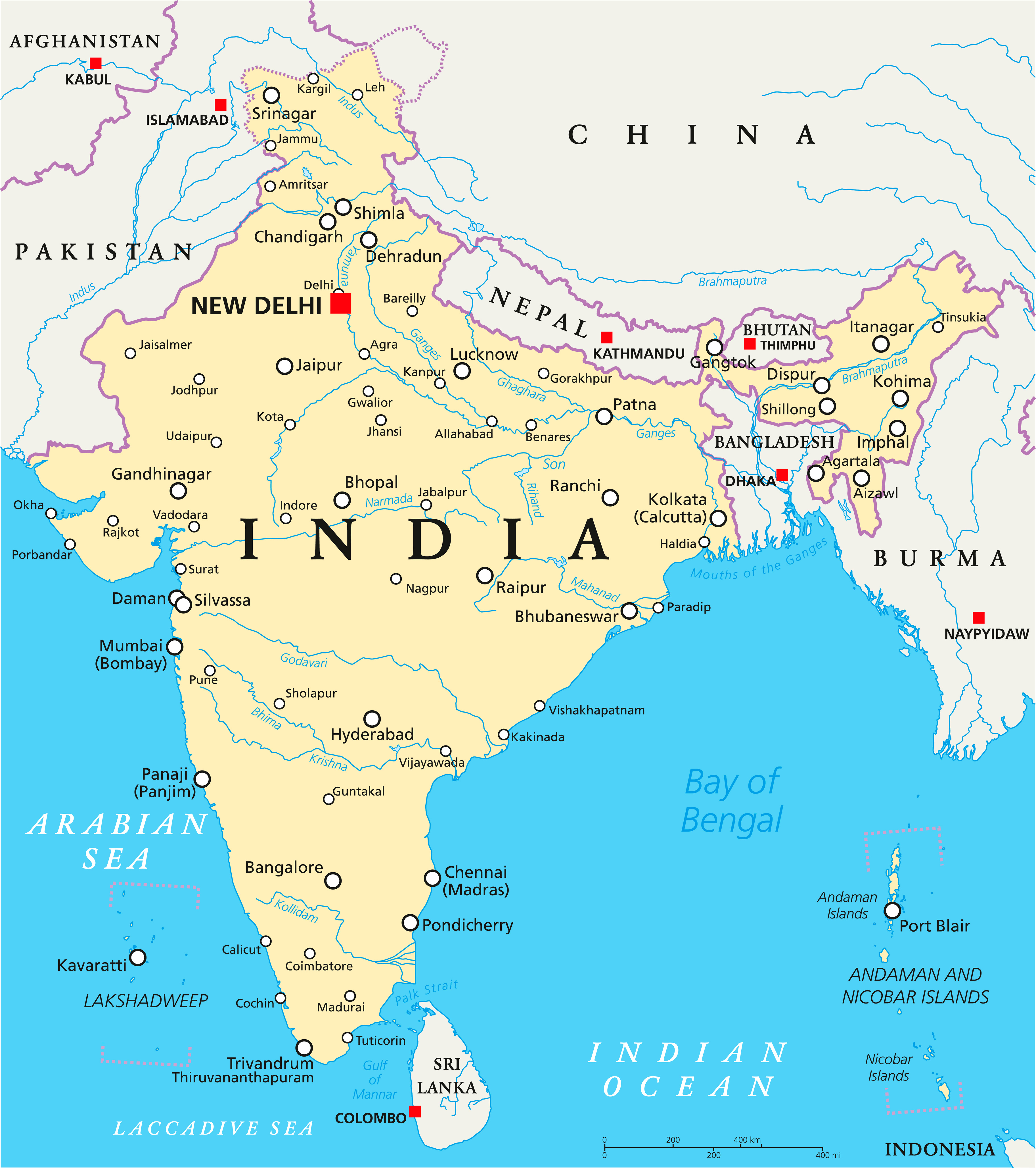 Political Map of India showing major rivers and towns