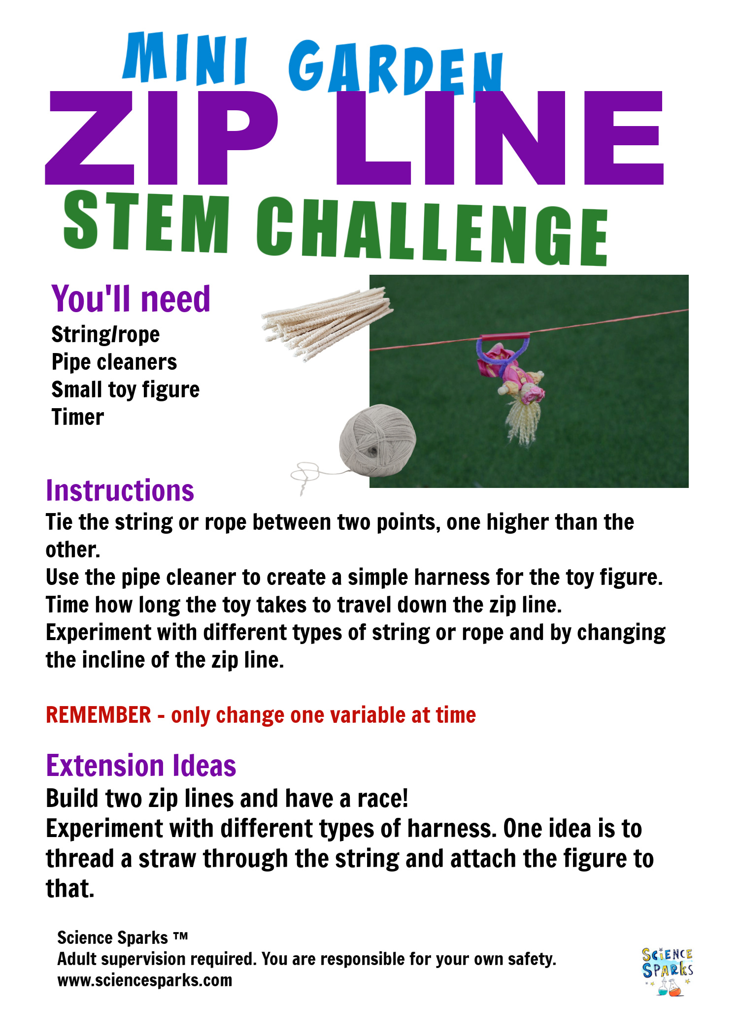 Mini garden zip line STEM challenge instructions