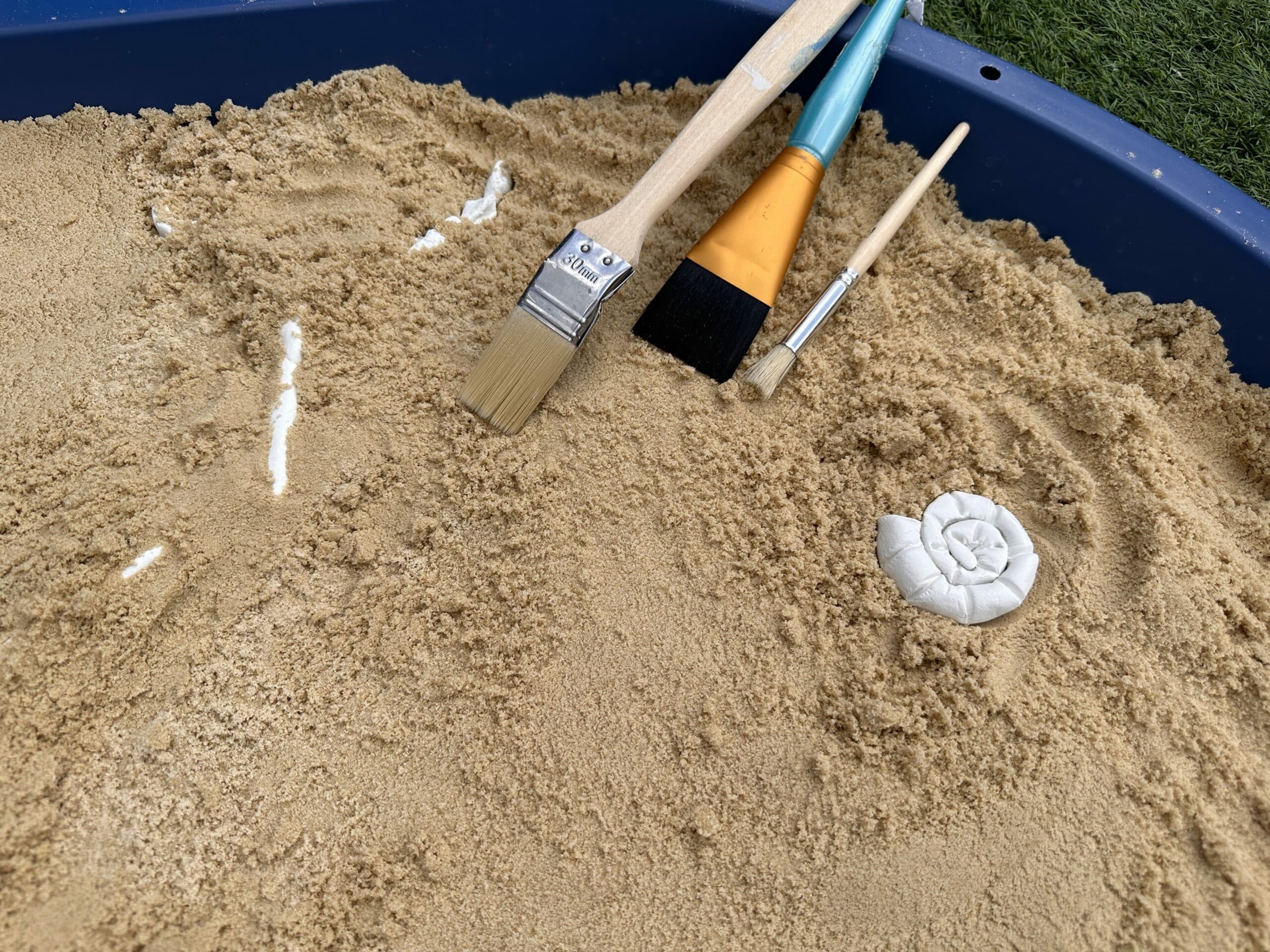 Tray of sand filled with dinosaur bones for a paleontologist activity