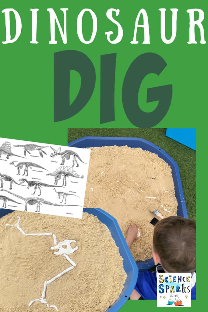 Kids dinosaur dig activity using air drying clay bones and sand