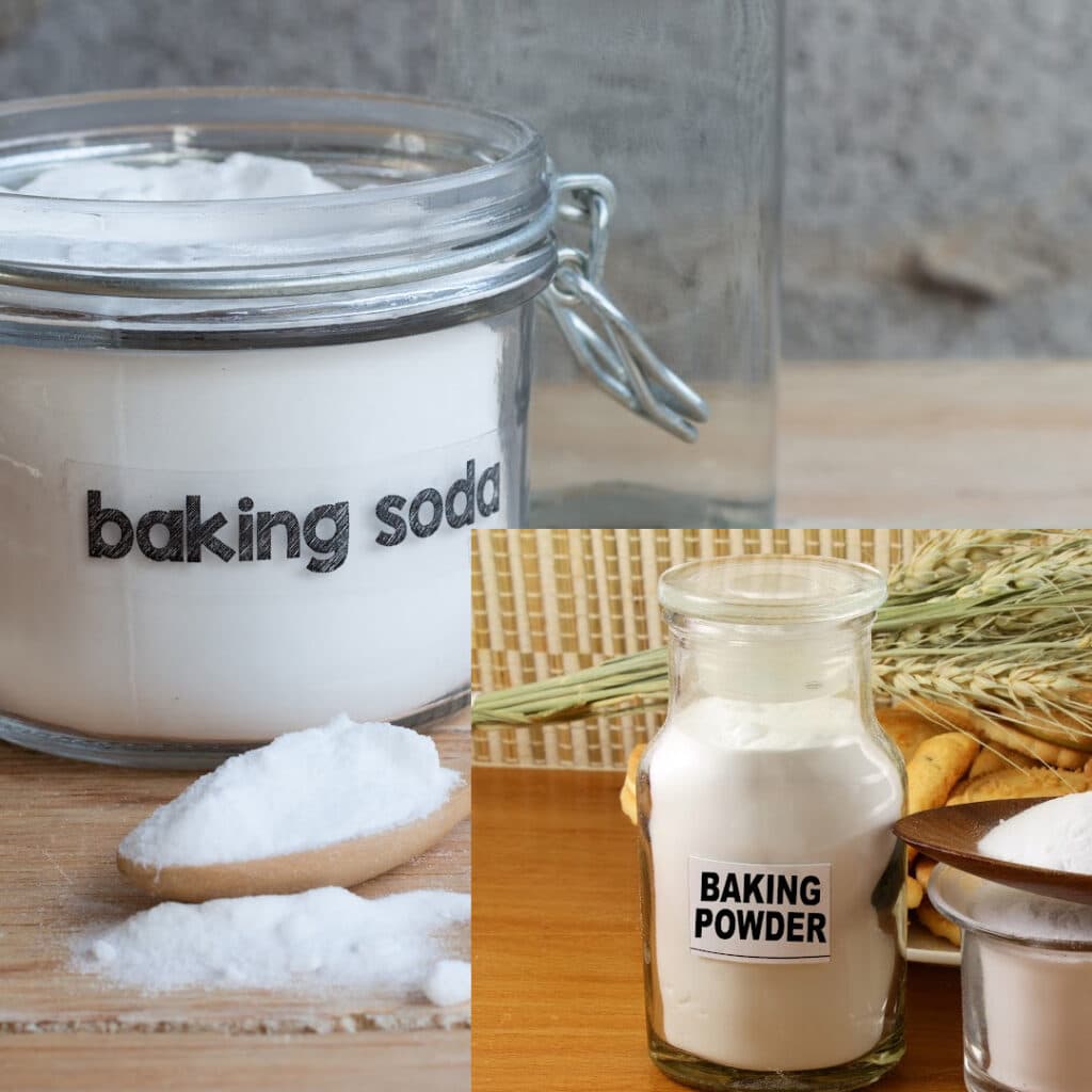 Baking soda and baking powder in clear glass jars