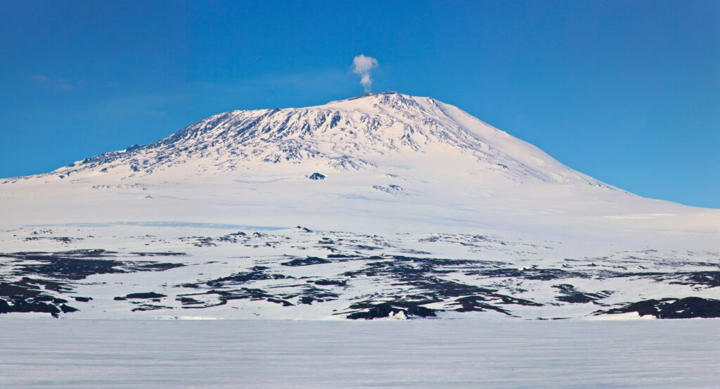 Mount Erebus, Antarctica. Volcano covered in snow