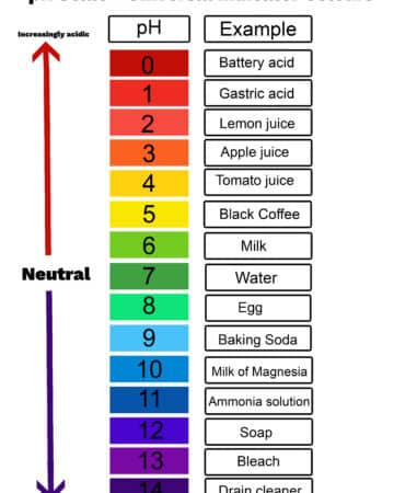 diagram of the pH scale with universal indicator showing examples for each pH