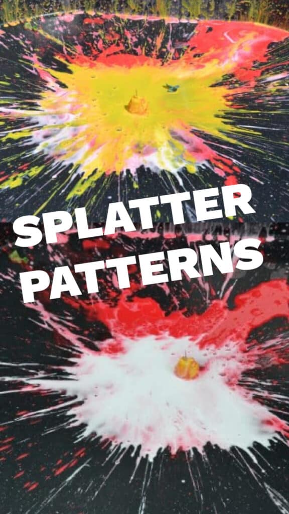 paint splatter patterns in a black outdoor tray for a science experiment
