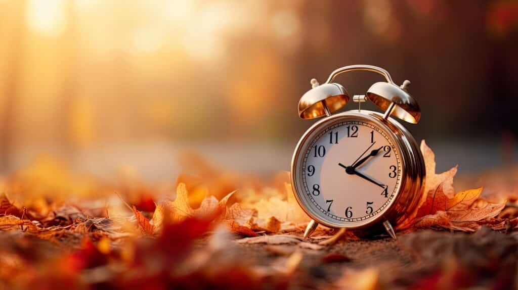 alarm clock sitting on a pile of autumn leaves