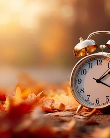 alarm clock sitting on a pile of autumn leaves