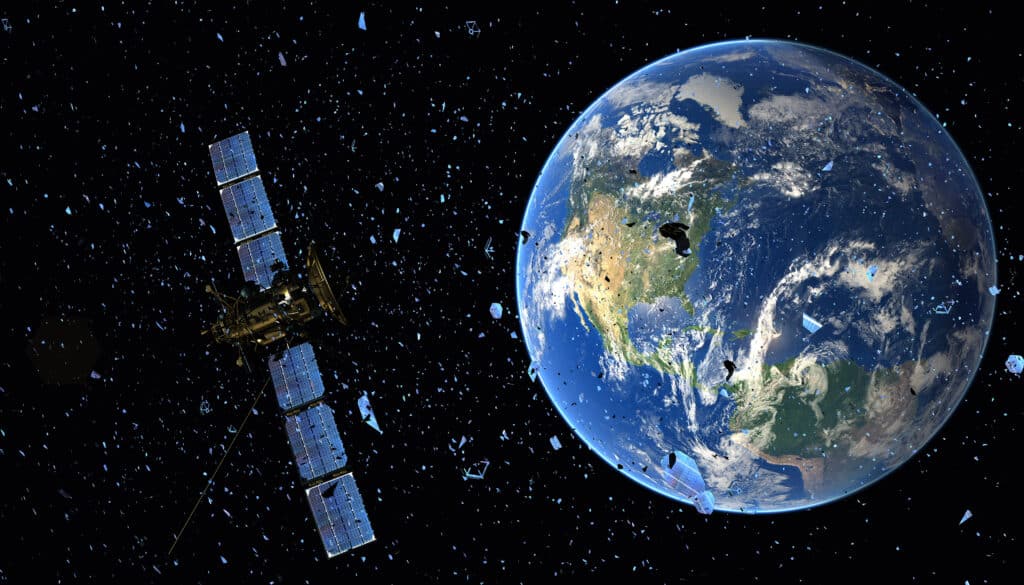 Earth, space debris and a satellite
