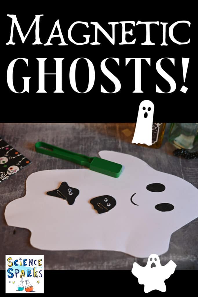 Large paper ghost, a magnet wand and two smaller ghosts for a Halloween science activity