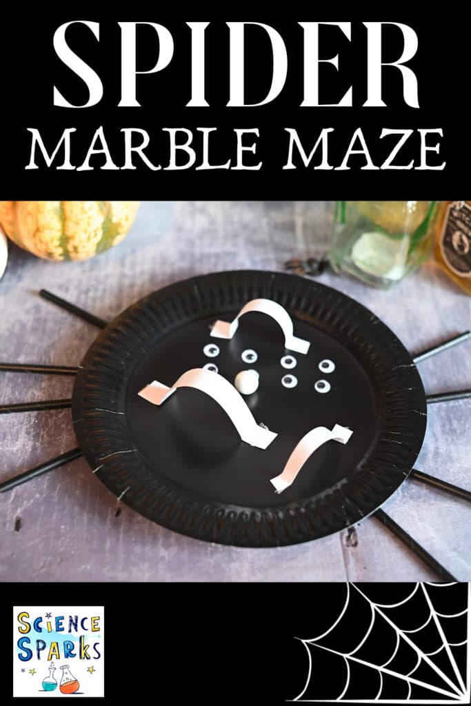 paper plate decorated like a spider and turned into a marble maze