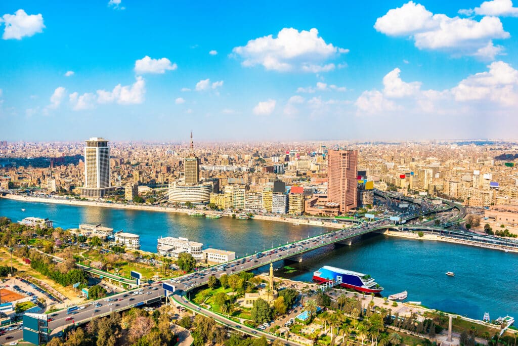 Modern architecture of Cairo on river Nile, view from above