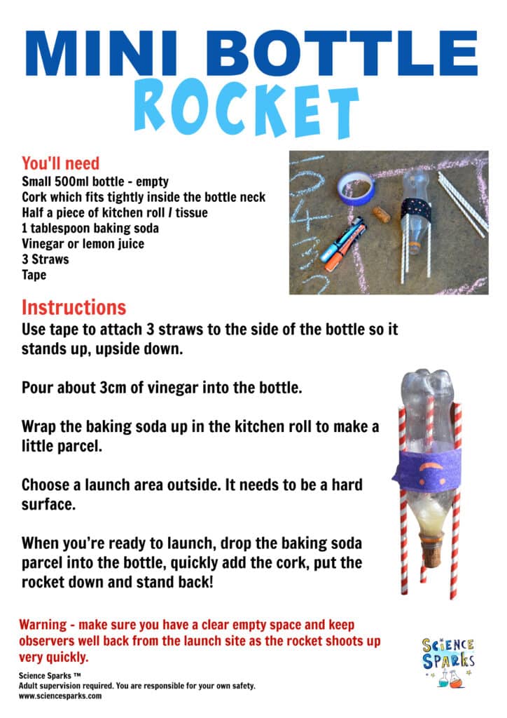 Instrucciones para un mini cohete de botella para aprender sobre fuerzas y movimiento.