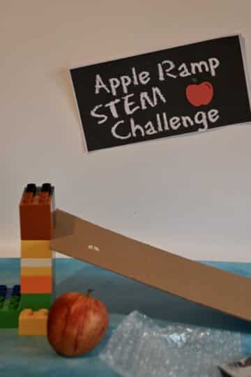 cardboard ramp made with blocks and an apple