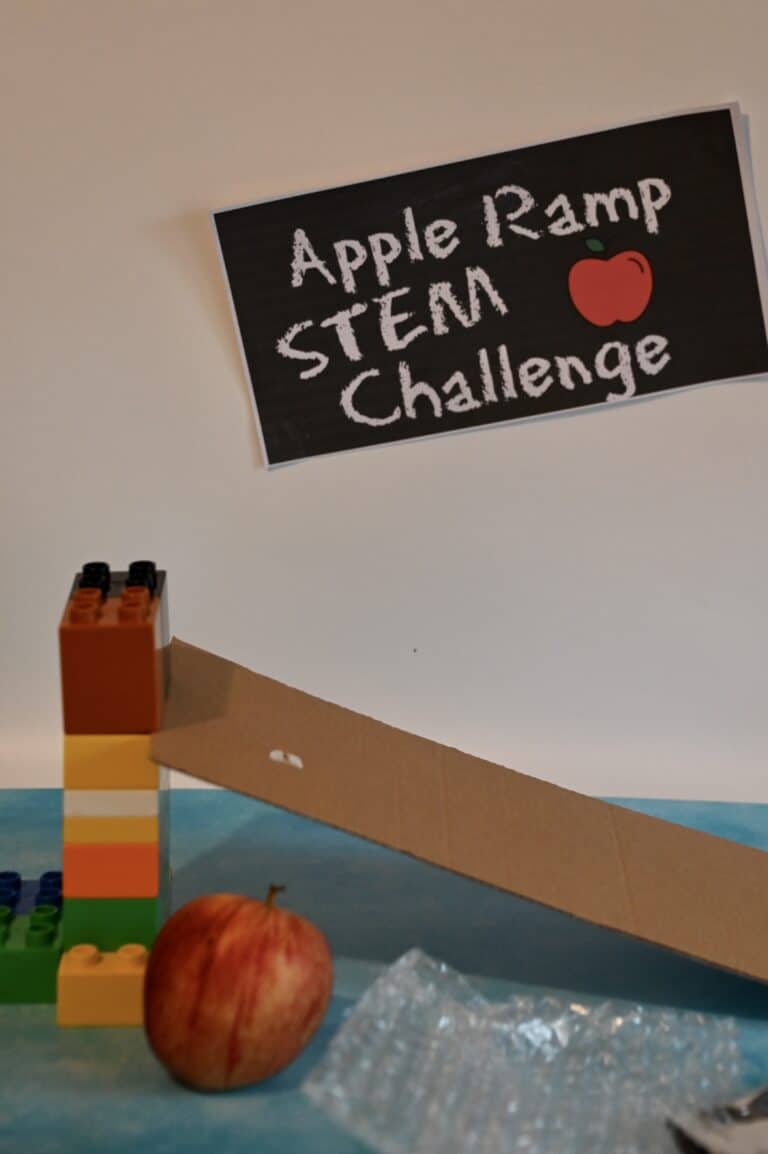 cardboard ramp made with blocks and an apple