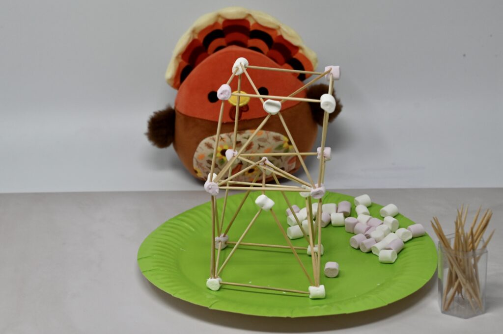 marshmallow and cocktail stick tower for a turkey themed STEM challenge