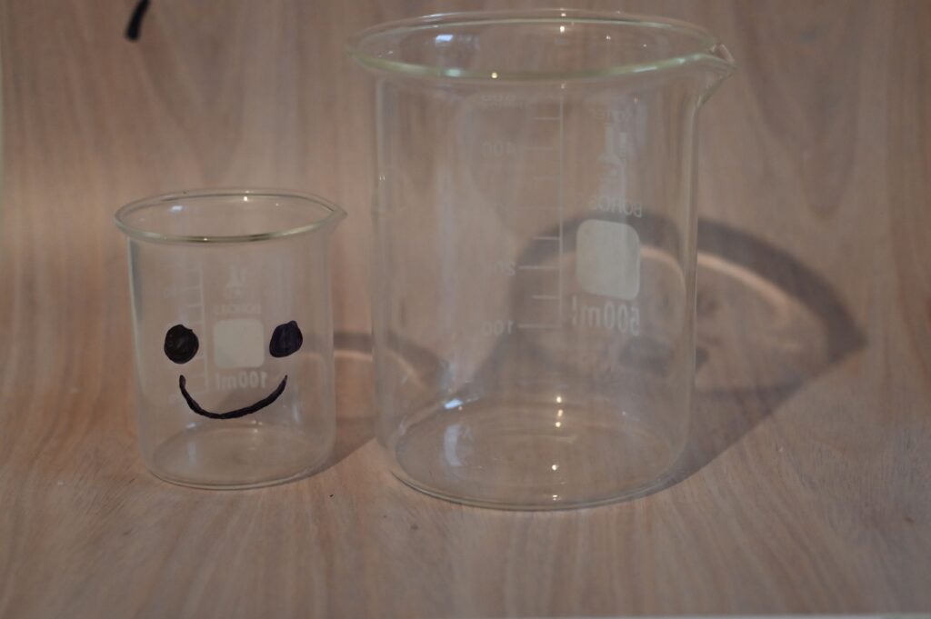 Small beaker and large beaker for a disappearing beaker science activity. The small beaker has a face drawn with sharpie.