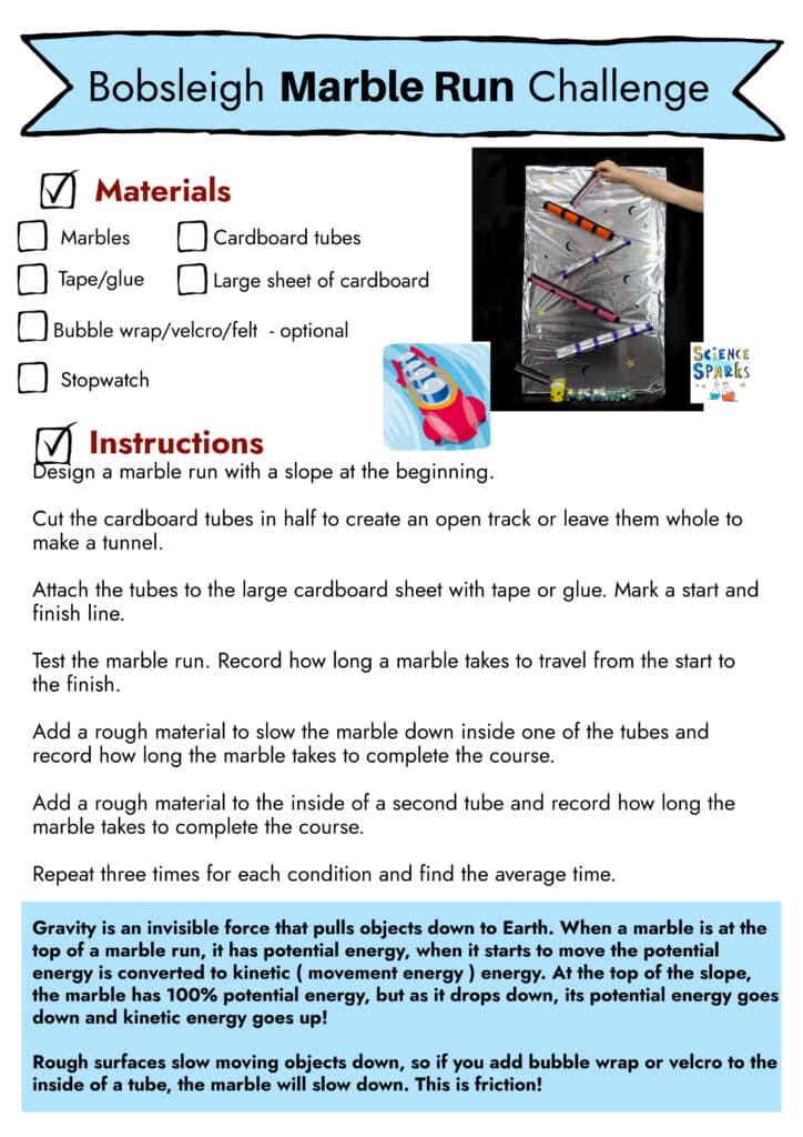 marble run bobsleigh challenge worksheet instructions