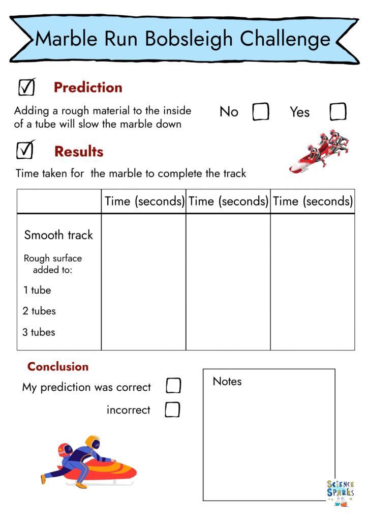 marble run bobsleigh challenge worksheet results page