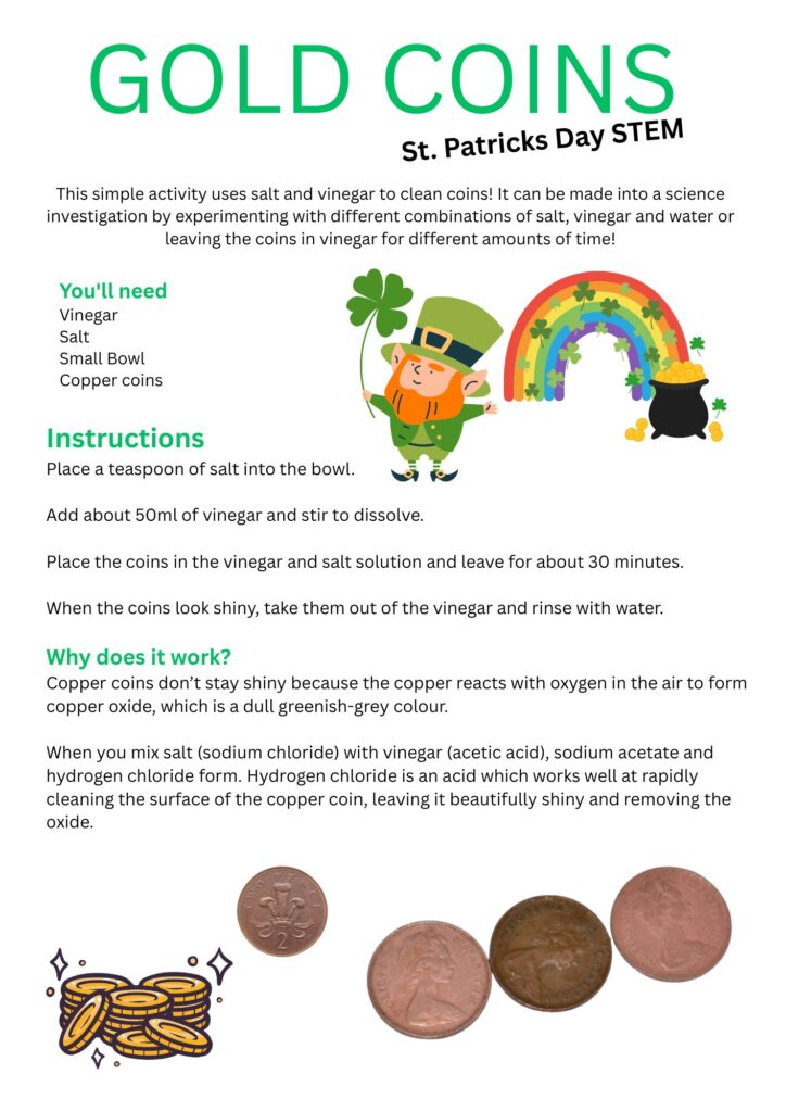 cleaning coins, leprechaun science activity