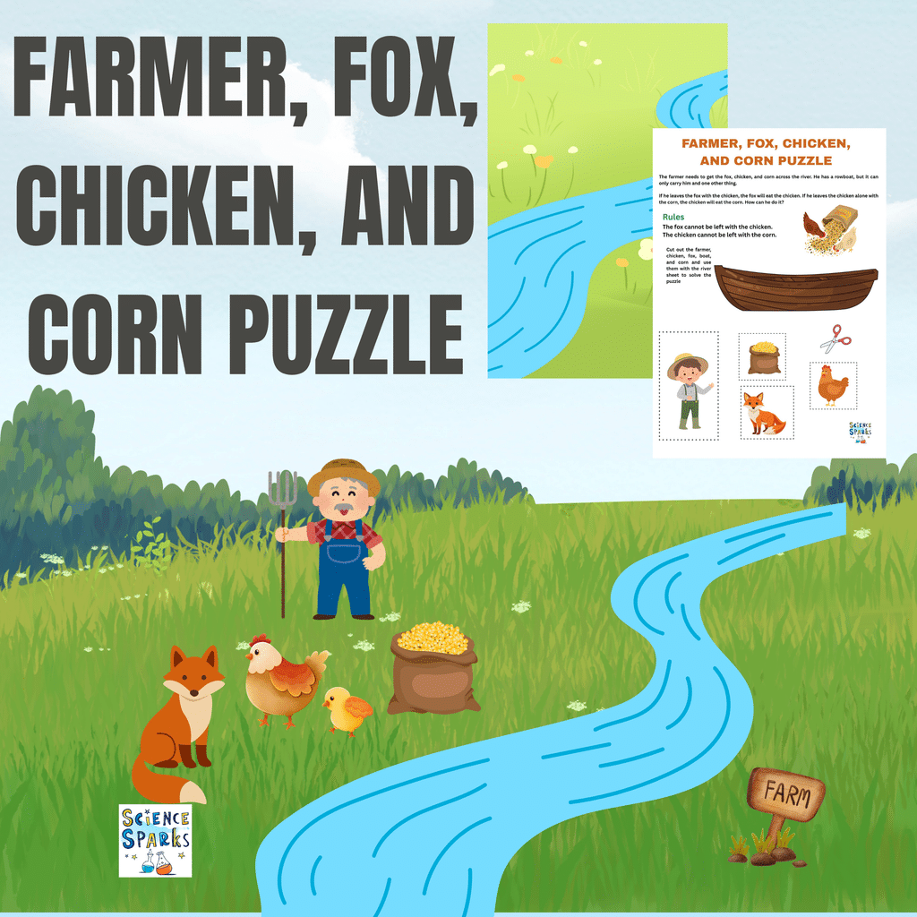 Farmer, Fox, Chicken and Corn logic puzzle with FREE printable activiry sheet