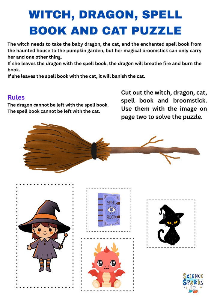 witch, dragon, spellbook and cat logic puzzle
